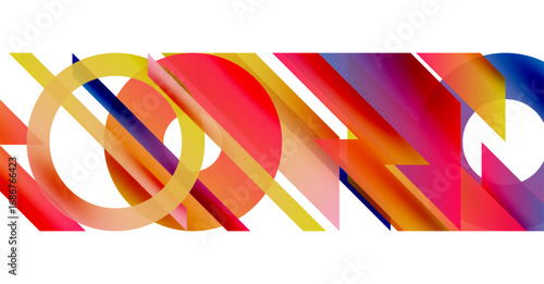 Abstract composition featuring overlapping colorful shapes. Gradients blend red, yellow, blue, purple creating dynamic visual effect. Modern design.