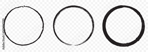 Grunge circles brush set. Black circle frames. Round line of black paint. Grunge round shapes on Transparent Background. EPS 10.