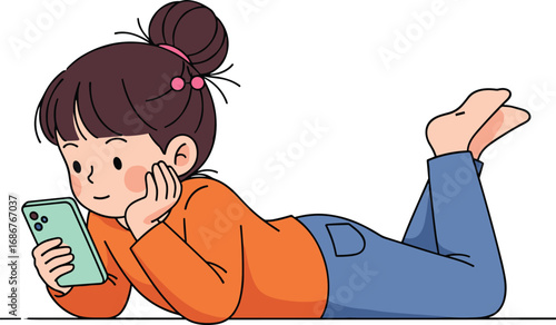 Cartoon girl lying on floor using smartphone, cute child with mobile device illustration, kids digital lifestyle clipart, modern communication vector artwork