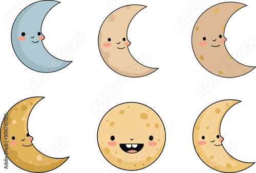 Cartoon crescent and full moon illustration, cute celestial faces, smiling lunar characters, colorful kawaii space art, night sky themed design