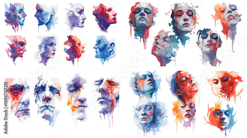 Abstract watercolor portraits of human faces in artistic dripping paint style, ideal for creative design, contemporary art, and expressive emotional illustration.