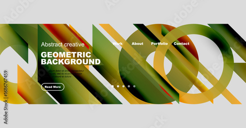 Abstract geometric background features vibrant colors, diagonal lines, text elements, navigation menu. Modern design for website header.
