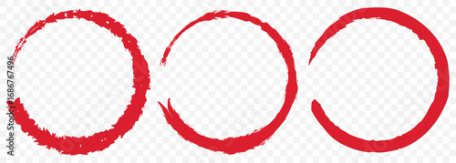 Grunge Ink Red Circle Brush Stroke and Fill Set – Red and Black Enso Style on Transparent Background. EPS 10.