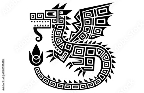 An Aztec-style detailed tribal dragon with intricate geometric patterns, a powerful symbol for fantasy or mythical designs