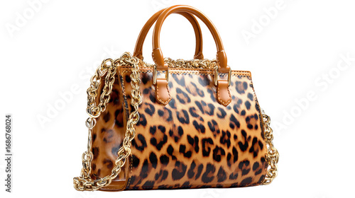 Leopard Print Handbag: Exuding timeless allure, the elegant handbag, draped in a chic leopard print, takes center stage. This glamorous accessory boasts gold chain detailing and leather handles.  