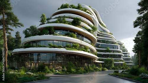 Futuristic eco-friendly office tower surrounded by lush greenery with spacious clear blue sky above, symbolizing sustainable business, green architecture, innovation and corporate growth