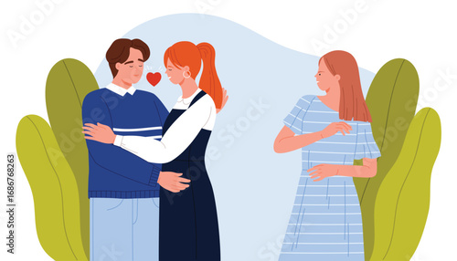 Couple embracing with heart symbol while another woman looks on with envy, expressing jealousy and romantic rivalry in relationships, isolated on white background vector illustration