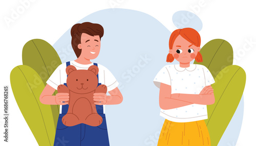 Upset girl with crossed arms watching happy boy holding teddy bear, showing childhood envy and jealousy, emotional expression, cartoon style vector illustration