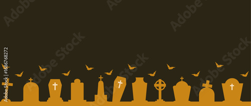 Halloween grave stone seamless banner. Spooky squash lanterns silhouettes, scary jack-o-lanterns halloween flat vector background illustration. Halloween holiday party endless poster