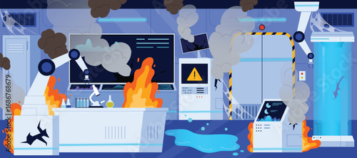 Accident in chemical laboratory building interior, fire and smoke from broken modern equipment with robotic arm. Burning room with test tubes and microscope on desk, puddles of toxic liquid on floor