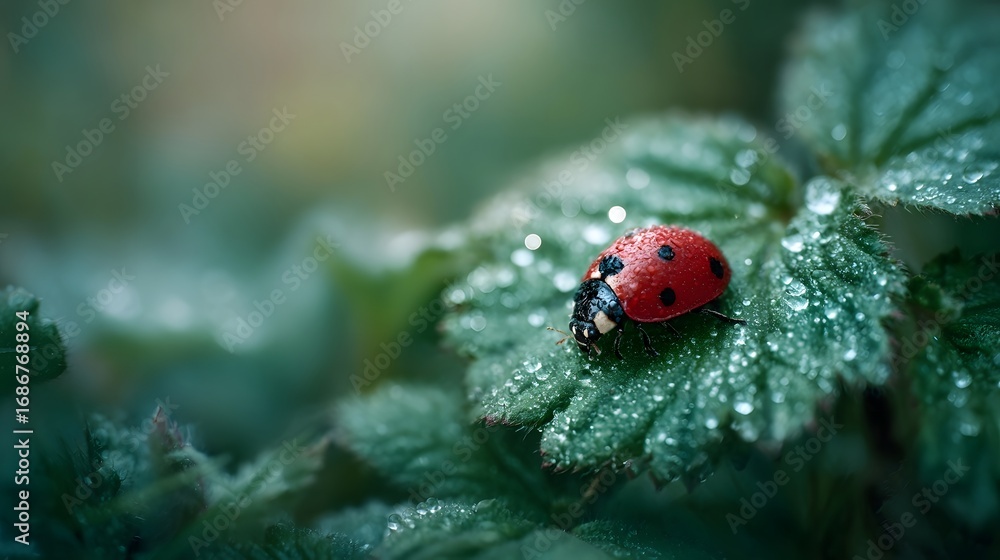 Fototapeta premium A vibrant red ladybug with black spots rests on a wet green leaf covered in morning dew with a soft bokeh background