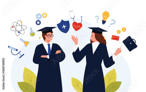 Two graduates in caps and gowns surrounded by career symbols like science, medicine, business, and finance, representing decisions about future professions, isolated on white background vector