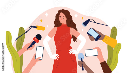 Confident female celebrity in red dress posing for media, surrounded by microphones, cameras, and journalists, representing fame and public attention vector illustration