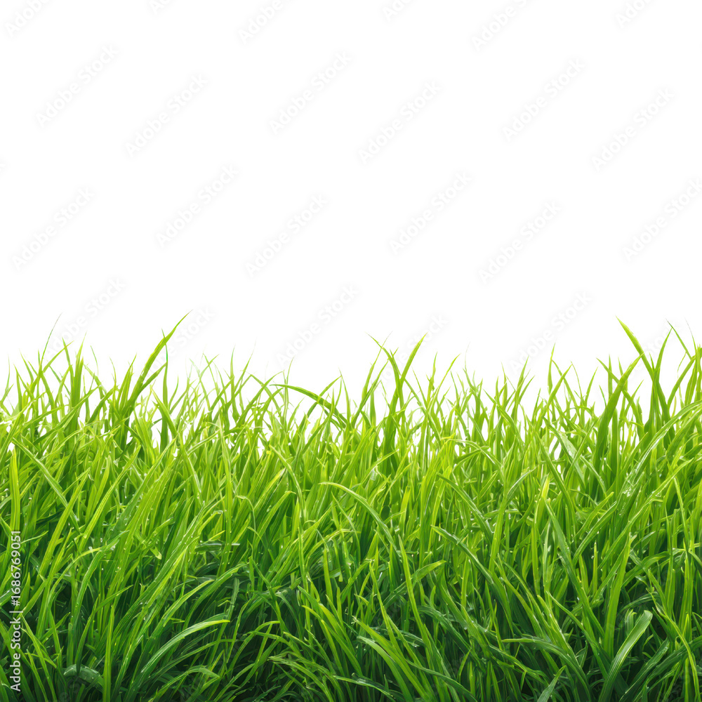 Fototapeta premium Lush green grass blades with water droplets against black nature fresh, Isolated On Png Transparent Background