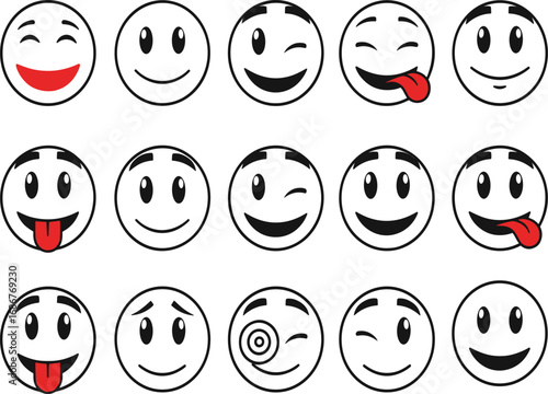 Collection of cute cartoon smiley faces, happy emoji expressions, funny emoticons with tongue out, winking icons, vector illustration