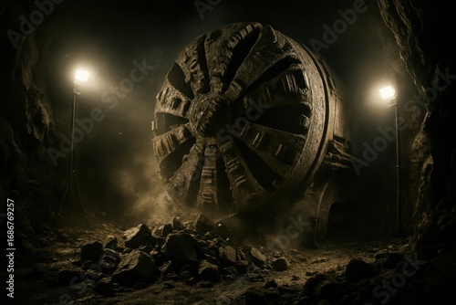 A tunnel boring machine at work, bathed in the glow of two lights, amidst dusty conditions at night. Rocks and debris surround the base of the machine in the tunnel.