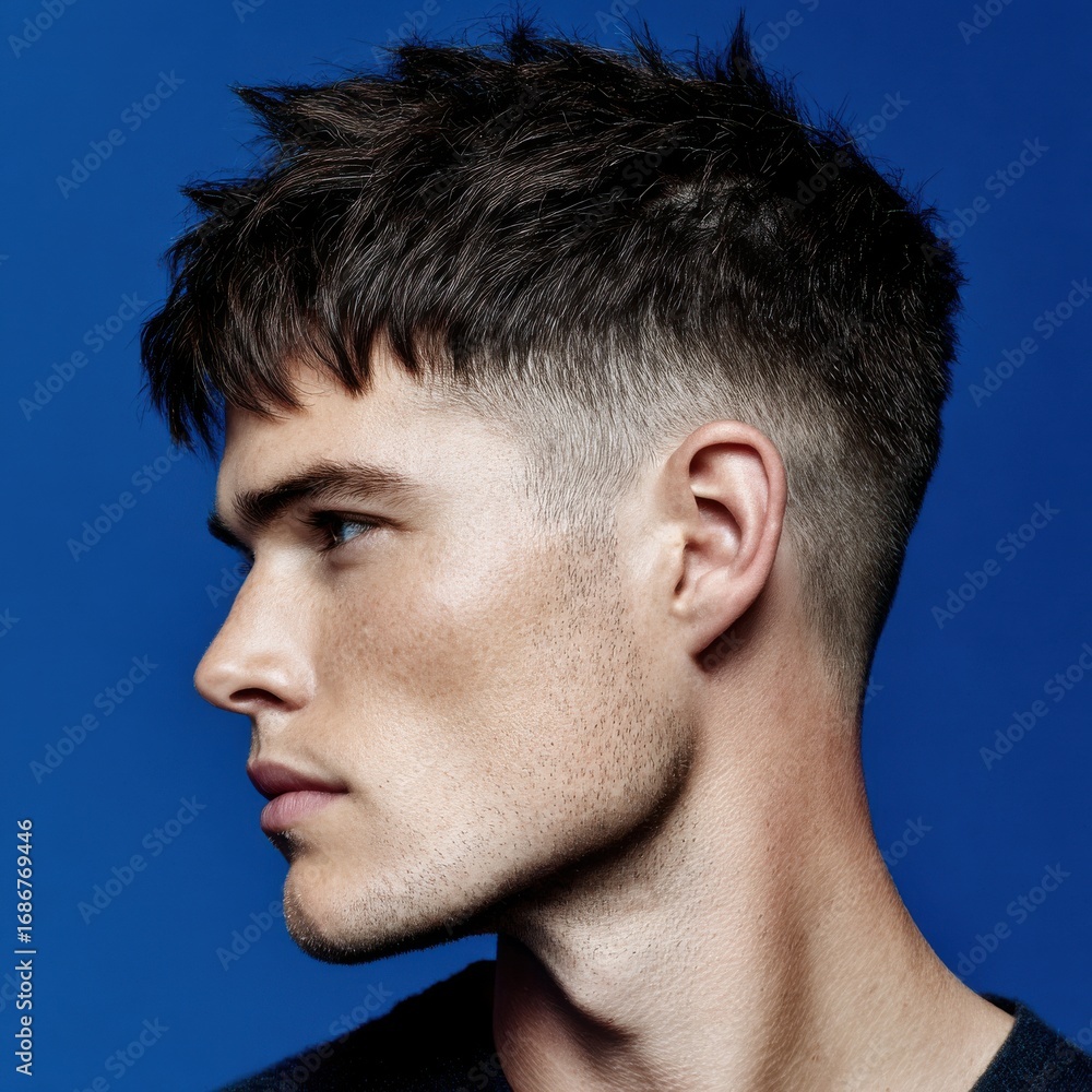 Obraz premium Young Man Profile with Modern Haircut Blue Background