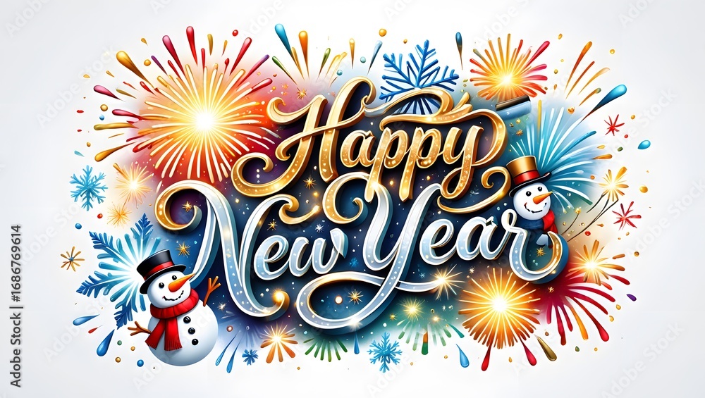Obraz premium Happy new year festive greeting with fireworks and snowmen