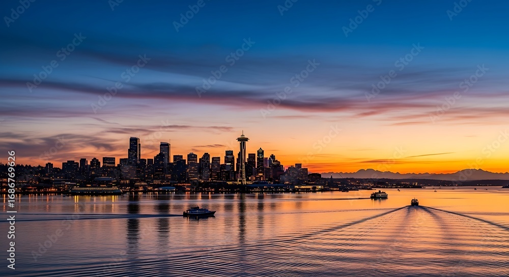 Fototapeta premium Seattle sunrise cityscape with boats.