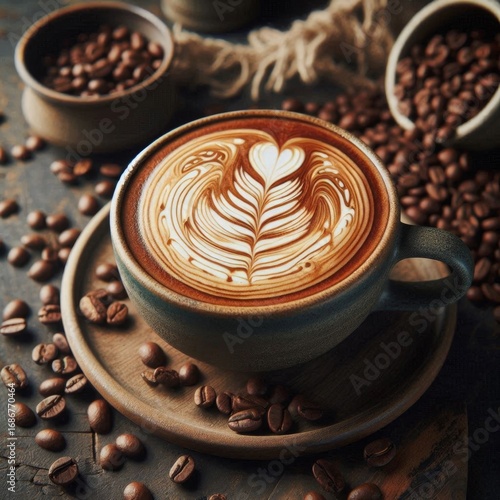 A beautifully crafted latte with intricate art surrounded by coffee beans