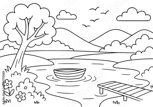 River Landscape Outline Nature Drawing