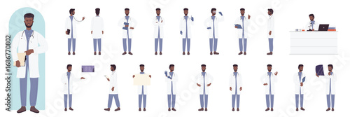 Cartoon man doctor sitting thinking standing, holding patient xray, working postures of hospital worker isolated. African american black doctor male character poses infographic illustration set