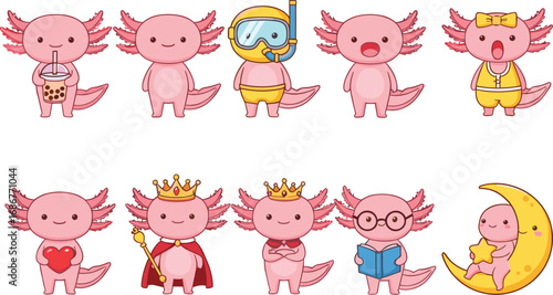 Cute cartoon axolotl character collection, adorable pink amphibian mascot illustration with crown, snorkel, heart, book, bubble tea, moon star