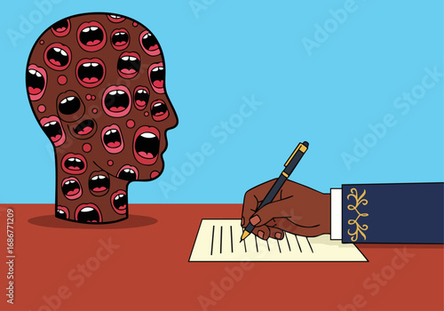 Expressing Inner Turmoil Head with Screaming Mouths and Writing Hand