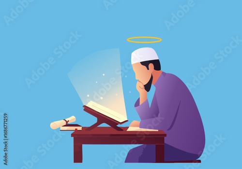 Muslim man reading holy book with glowing light and halo spiritual study