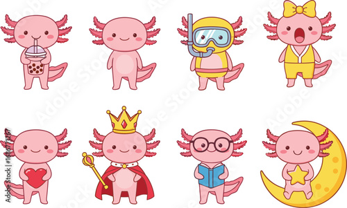 Cute cartoon axolotl character illustration set, adorable pink amphibian mascot with crown, snorkel, book, heart, bubble tea, moon star