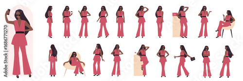 Cartoon young dark skin woman fashionista character wearing fashionable clothes, posing standing in various positions front side, back view isolated on white. Fashion girl model poses illustration set