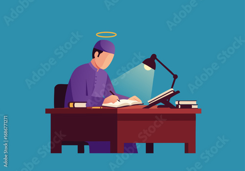 Religious scholar studying sacred texts with halo and desk lamp vector