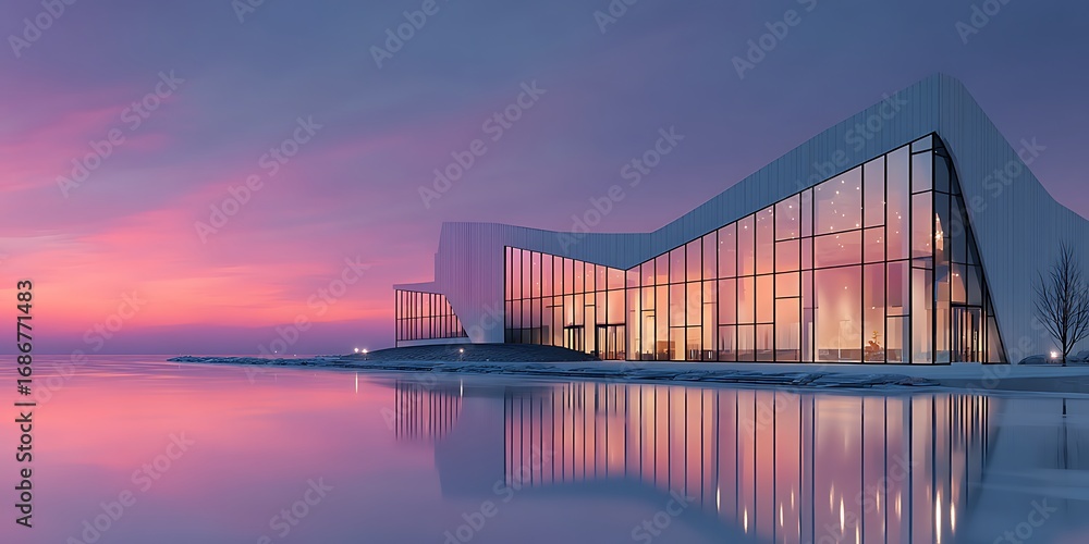 Fototapeta premium Modern futuristic technology hub at sunset with glowing exterior lights, wide left margin for text or campaign graphics, innovation, smart city infrastructure, urban development.