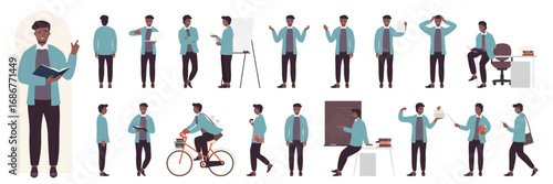 Cartoon man with beard standing, thinking, teaching, professor with stick explaining on lecture in front, side and back view isolated. Young male dark skin teacher poses set vector illustration.