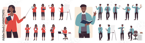 Cartoon isolated male dark skin and female characters standing pointing board with stick, teaching and holding open book and globe on lecture, education process. Teachers poses set vector illustration