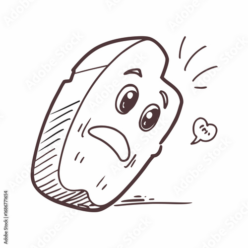 Scared toast slice with speech bubble asking 'huh?' in cartoon doodle style