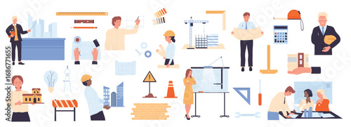 Architects job and projects set vector illustration. Cartoon engineers and employees of construction company work on technical blueprint, plan and model of building, teamwork and discussion of people