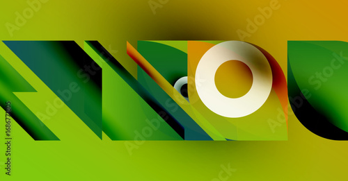 Abstract composition featuring layered green, yellow shapes. Lettering TWO visible within design. Modern, vibrant aesthetic.