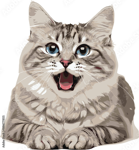 Cute cartoon cat illustration with blue eyes, funny kitten face, fluffy domestic pet drawing, adorable animal artwork, playful happy expression