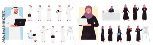 Arab business people poses set vector illustration. Cartoon isolated saudi woman and man in traditional robes standing with laptop, facial emotion and poses variation of muslim office characters