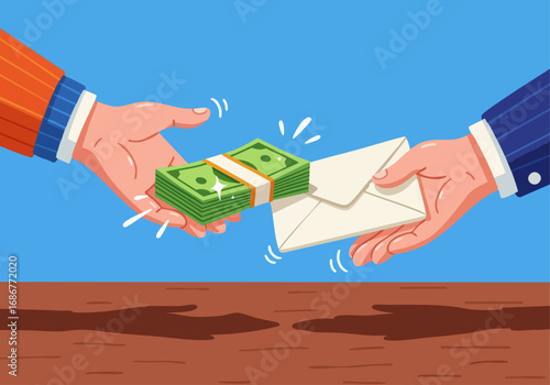 Money and envelope exchange between two people financial transaction