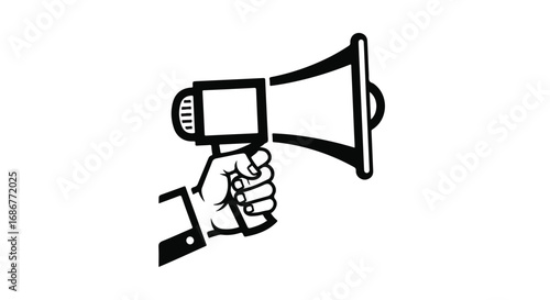 Hand holding a megaphone, announcing important news with a clear, bold statement.