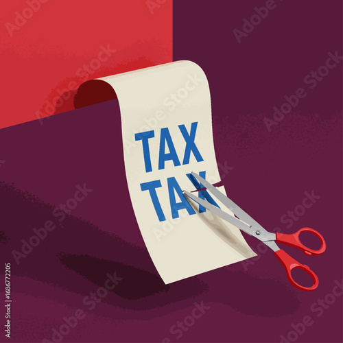 Tax Cut Financial Policy with Scissors Reducing Paper Document