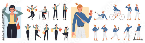 Poses of young people set vector illustration. Cartoon isolated male and female characters standing, walking and jumping with shopping bags, hipster riding electric scooter and bike, drinking coffee