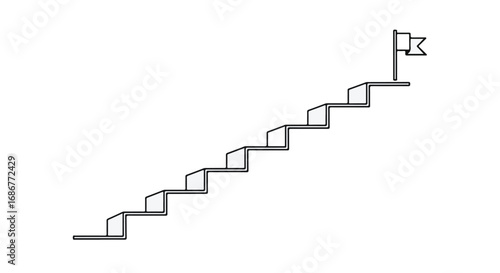 Ascending stairs with open books leading to a flag at the summit, symbolizing knowledge and achievement.