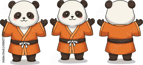 Cute cartoon panda character in orange karate uniform, front and back view, martial arts panda illustration, adorable kawaii animal mascot