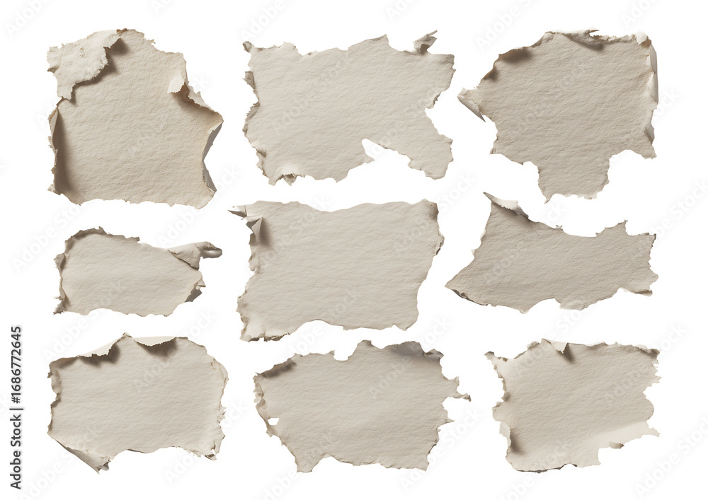 Fototapeta premium A versatile set of nine isolated pieces of torn, rough-edged paper with subtle textures, perfect for adding a vintage or distressed touch to any design isolated on a transparent background