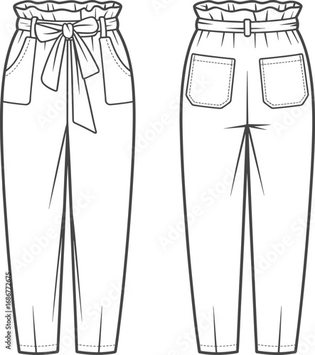 Flat vector illustration of women’s high-waisted pants with belt tie and pockets, front and back view, CAD fashion drawing