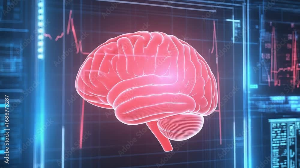 Futuristic interface showing rotating human brain and medical data analysis