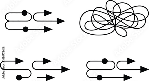 Abstract arrow path illustrations with tangled lines